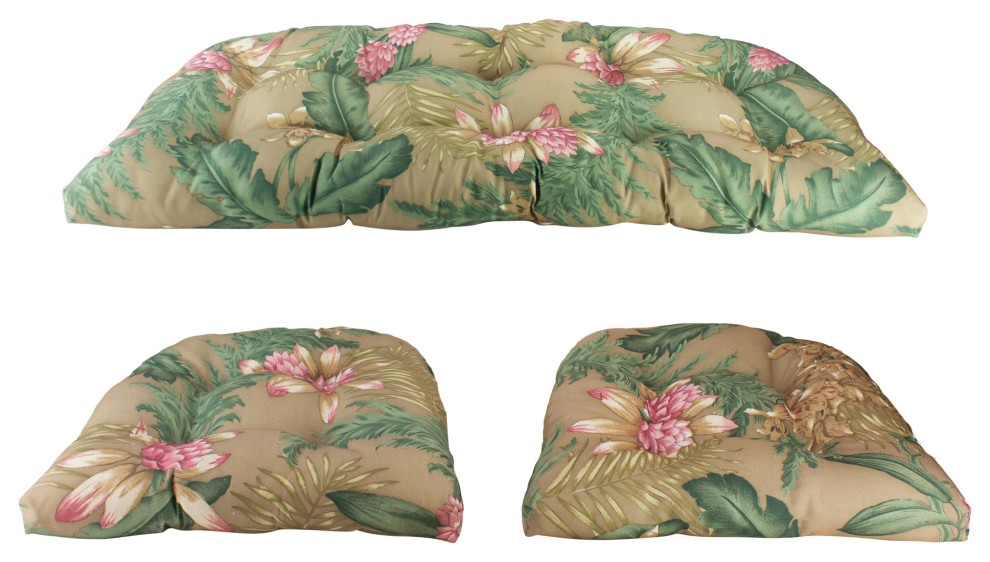 3Piece Wicker Furniture Cushion Set, Brown and Pink Floral Tropical