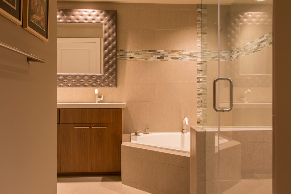 Large transitional master beige tile and porcelain tile porcelain tile and beige floor corner shower photo in Phoenix with flat-panel cabinets, medium tone wood cabinets, a hot tub, beige walls, an undermount sink, quartz countertops and a hinged shower door