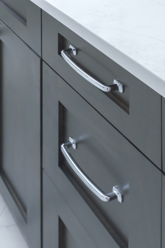 Inspiration for a mid-sized master porcelain tile, white floor and double-sink freestanding bathtub remodel in Chicago with shaker cabinets, dark wood cabinets, an undermount sink, quartz countertops, white countertops and a freestanding vanity