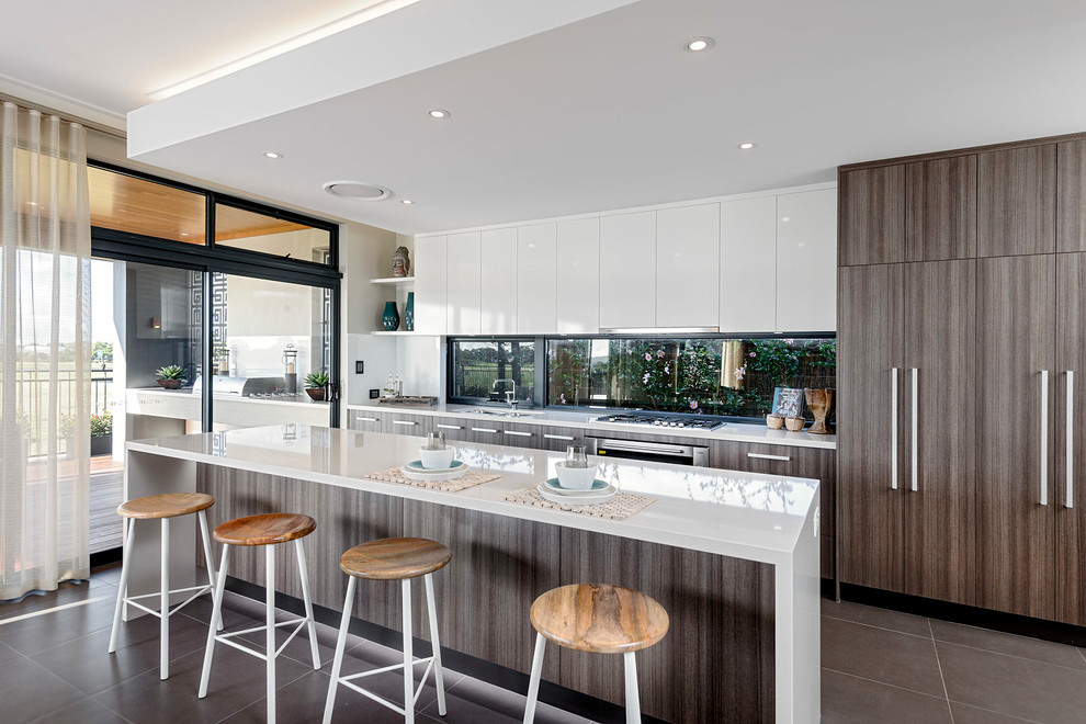 Design ideas for a large contemporary galley eat-in kitchen in Perth with a double-bowl sink, flat-panel cabinets, dark wood cabinets, quartzite benchtops, glass sheet splashback, panelled appliances and with island.