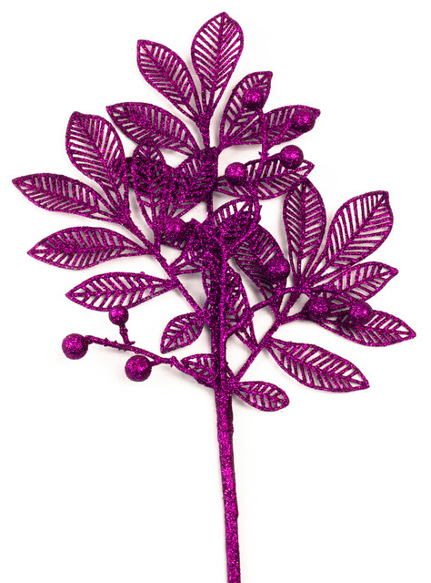 18" Purple Glittered Leaf Pick With Berries