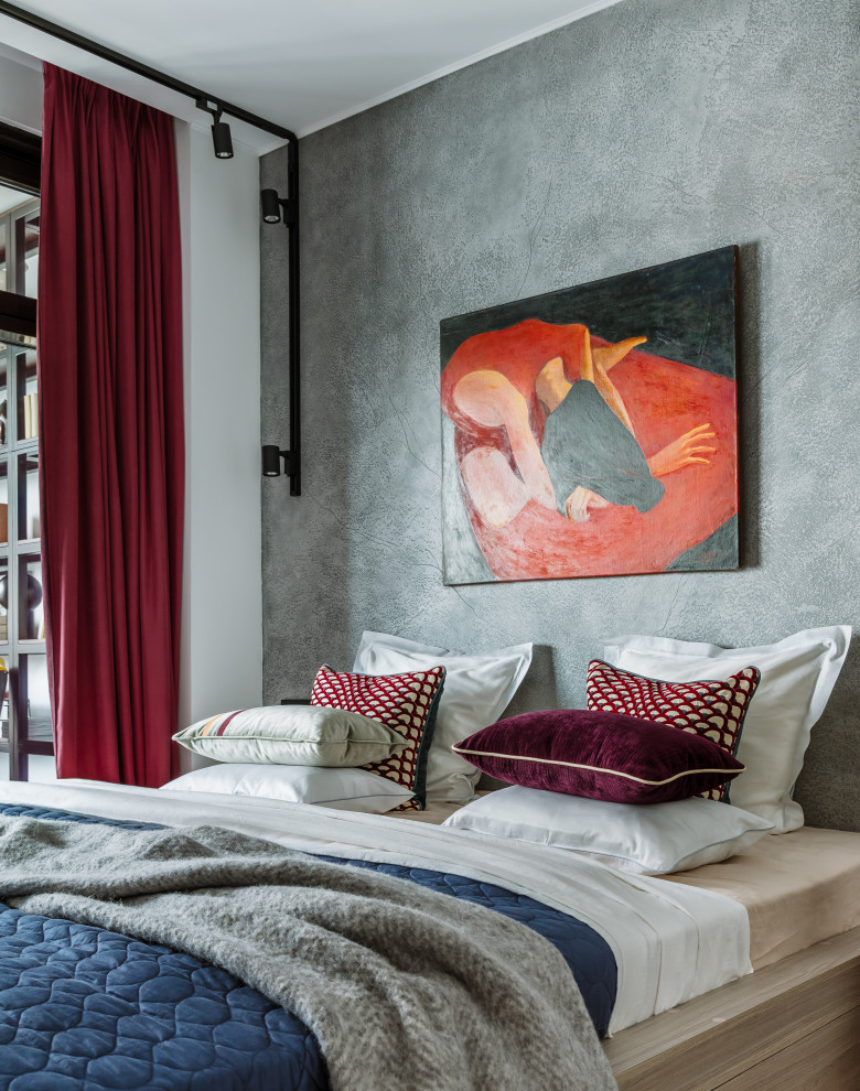 Bedroom - small contemporary master medium tone wood floor and brown floor bedroom idea in Moscow with gray walls