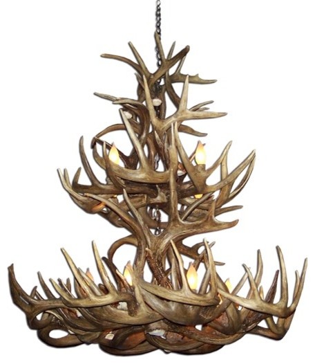 Real Shed Antler Double Tier Whitetail Chandelier, Xlarge, With Parchment Shades