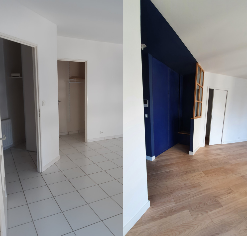 This is an example of a small modern entryway in Nantes with blue walls, light hardwood floors, a single front door, a blue front door and beige floor.