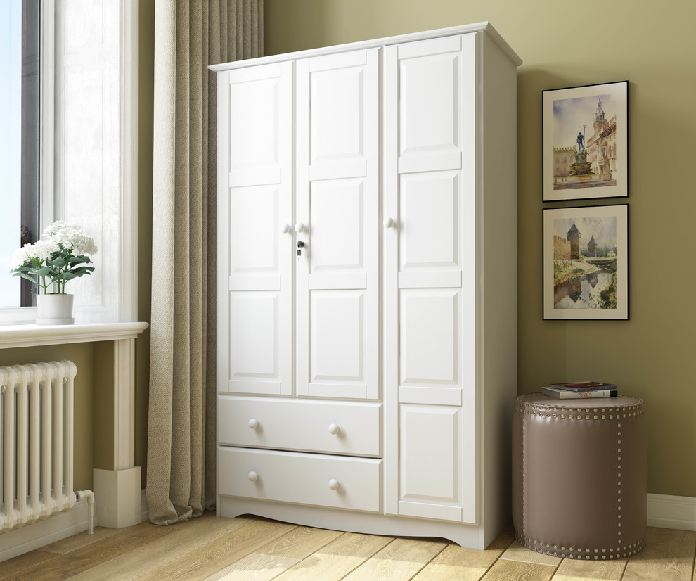 100% Solid Wood 3-Door Grand Armoire With Lock, White