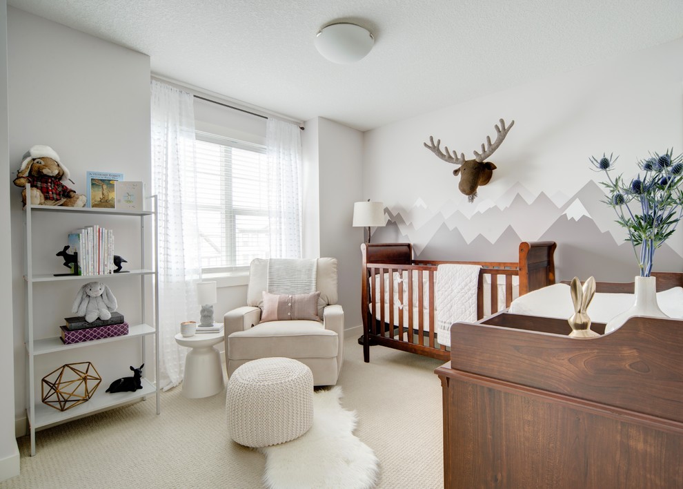 Photo of a mid-sized country gender-neutral nursery in Calgary with grey walls, ceramic floors and beige floor.