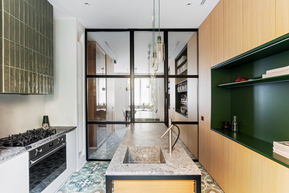Photo of a large modern galley eat-in kitchen in Milan with an integrated sink, beaded inset cabinets, light wood cabinets, marble benchtops, stainless steel appliances, marble floors, multiple islands, multi-coloured floor and grey benchtop.