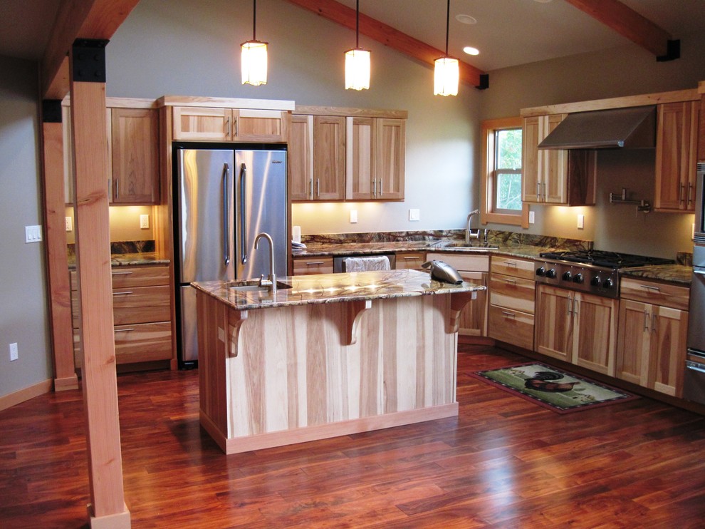 Kitchen - large transitional dark wood floor kitchen idea in Seattle with an undermount sink, shaker cabinets, light wood cabinets, marble countertops and stone slab backsplash