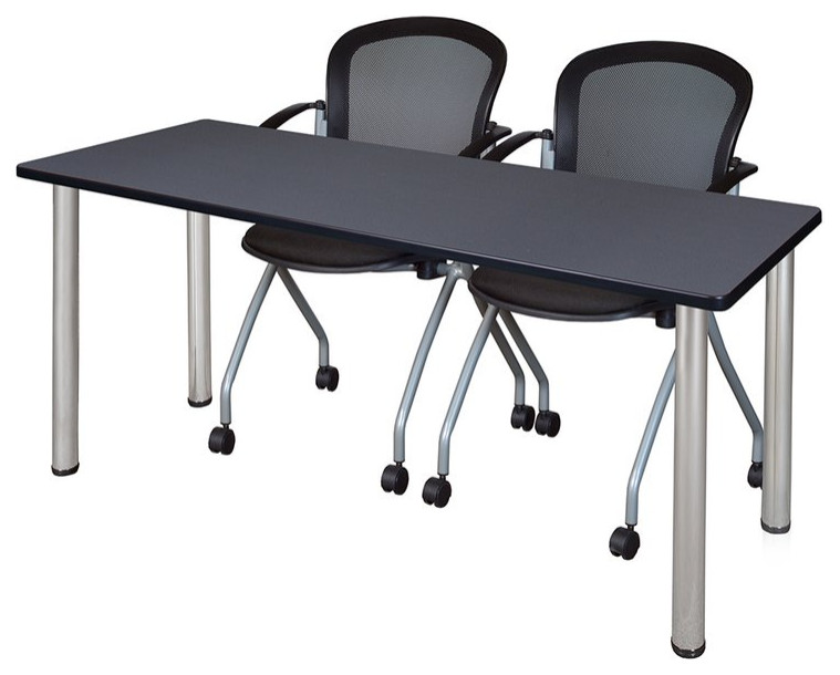66" x 24" Kee Training Table- Grey/Chrome and 2 Cadence Nesting Chairs