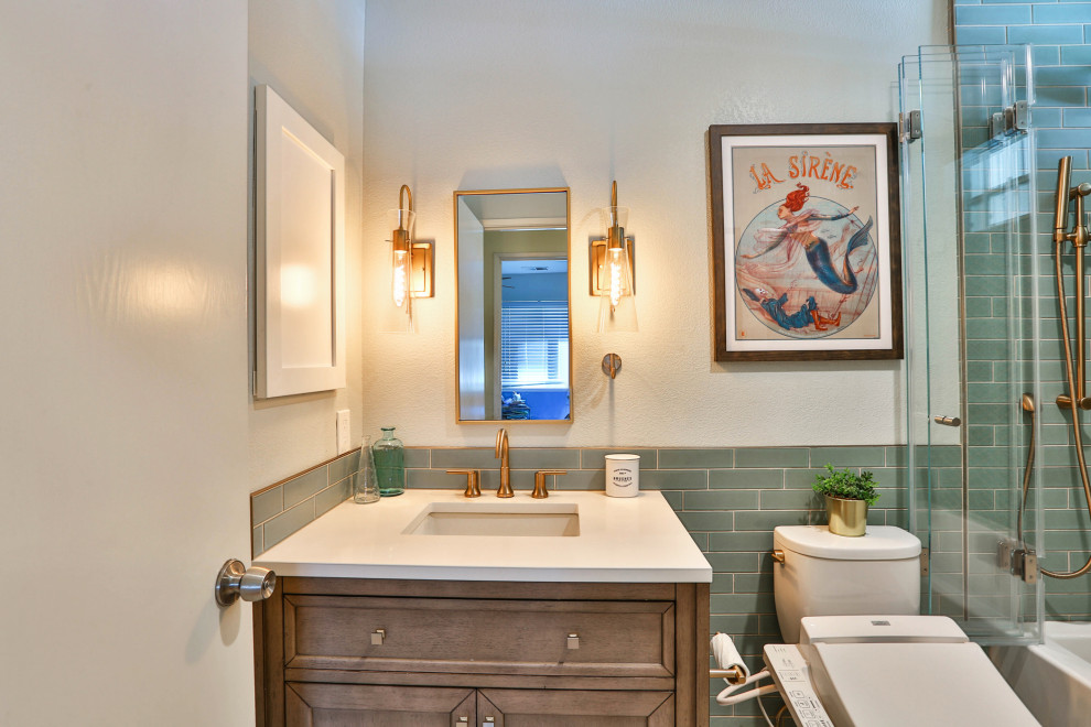 Nautical bathroom in San Francisco with a shower/bath combination, a single sink and a freestanding vanity unit.
