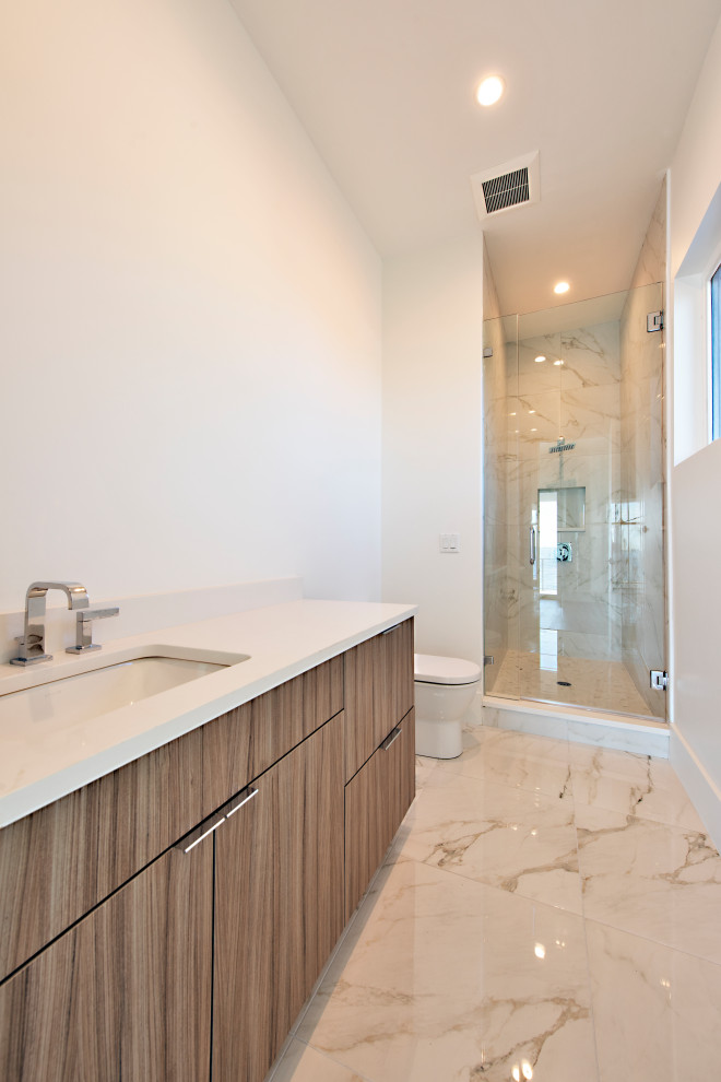 Inspiration for a large contemporary 3/4 bathroom in Tampa with flat-panel cabinets, dark wood cabinets, an alcove shower, a one-piece toilet, white walls, porcelain floors, an undermount sink, white floor, a hinged shower door, white benchtops, a double vanity and a built-in vanity.