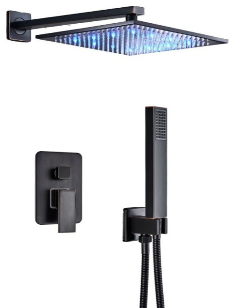 Black LED Light Shower Head Wall Mounted Embedded Box Control Valve