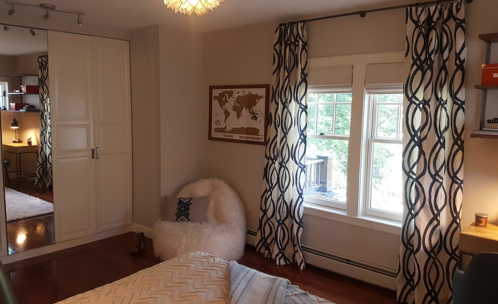 Photo of a mid-sized midcentury guest bedroom in Boston with grey walls, dark hardwood floors, no fireplace and brown floor.