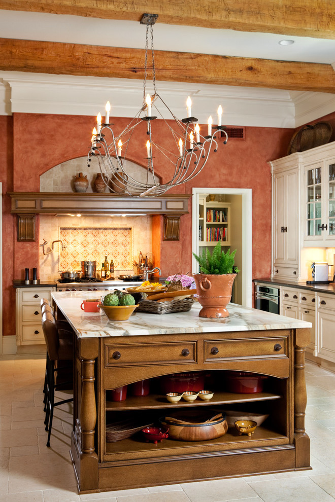 Example of a transitional ceramic tile eat-in kitchen design in Orlando with beaded inset cabinets, beige cabinets, multicolored backsplash, marble countertops, stainless steel appliances and an island