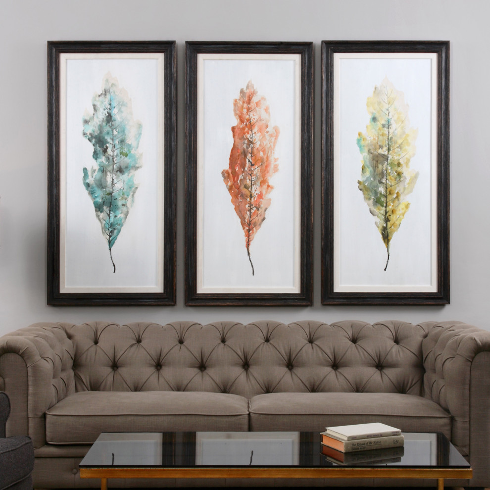 Uttermost "Tricolor Leaves" 3Piece Abstract Art Set, 26.75"x54.75