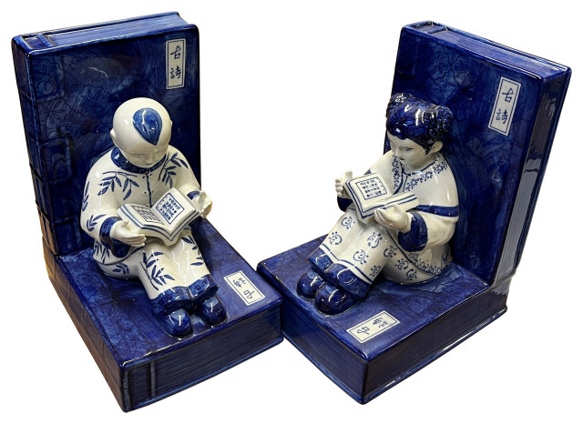 Porcelain Blue and White Kid Reading Book Figure Bookend Stopper ...
