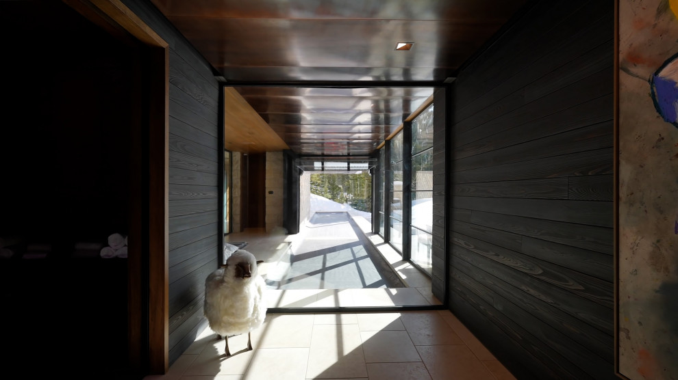 Foto di un ampio ingresso o corridoio minimalista con pareti nere, pavimento in pietra calcarea, pavimento beige e pareti in legno