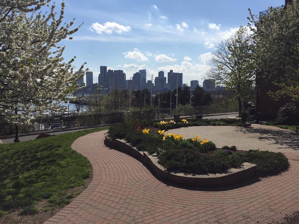 Photo of a large transitional partial sun hillside brick formal garden in Boston.