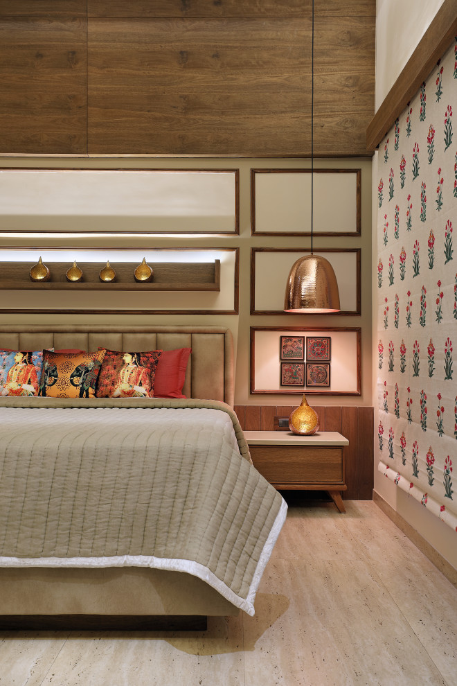 Photo of an asian bedroom in Ahmedabad with wood walls.