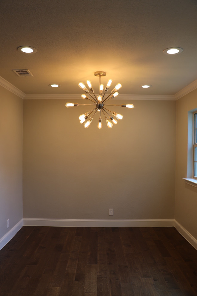 Inspiration for a small transitional dark wood floor and brown floor breakfast nook remodel in Dallas with gray walls and no fireplace