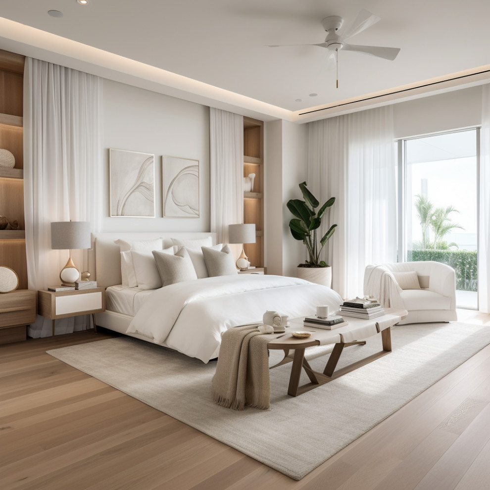 Ejemplo de dormitorio principal tropical grande sin chimenea con paredes blancas, suelo de madera en tonos medios, suelo beige, casetón y papel pintado