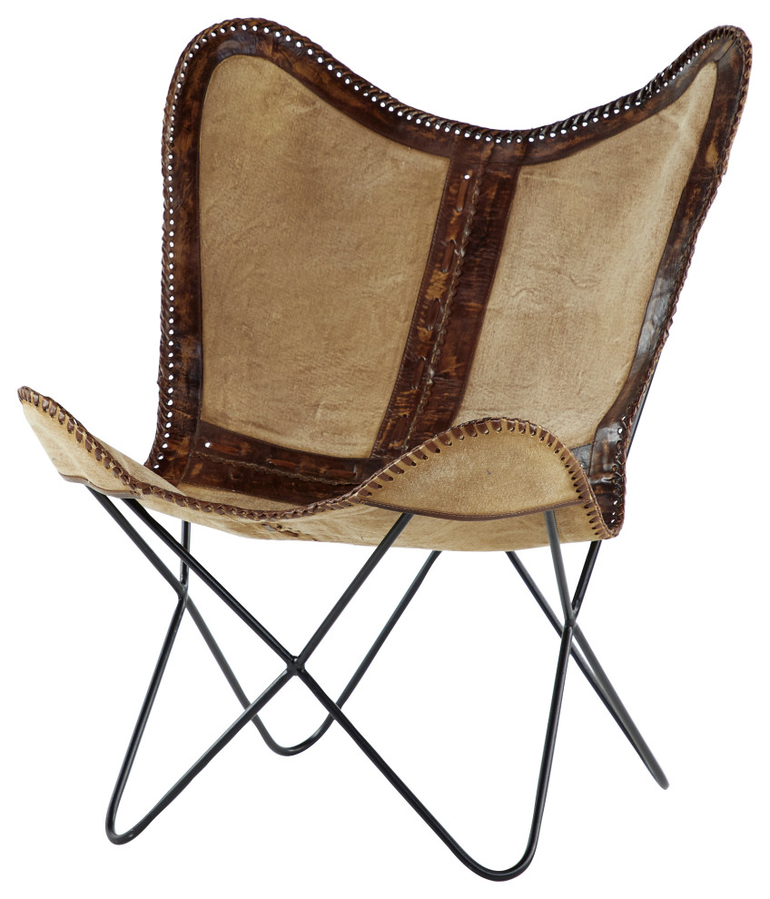 Brown Leather Canvas Chair With Black Metal Frame, 33.5"Lx37"H