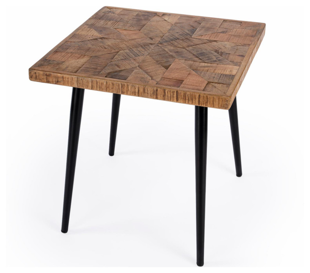 Rustic Square Side Table, Angled Black Legs & Mango Wood Top With Star Inlay