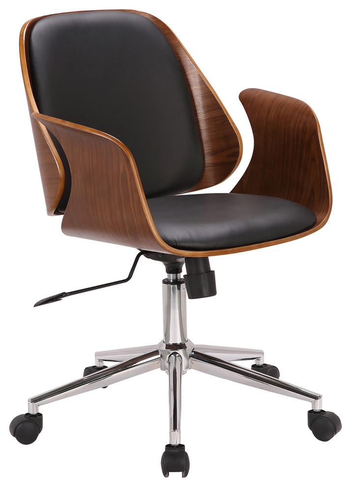 Duvall MidCentury Office Chair, Black Faux Leather, Walnut Wood