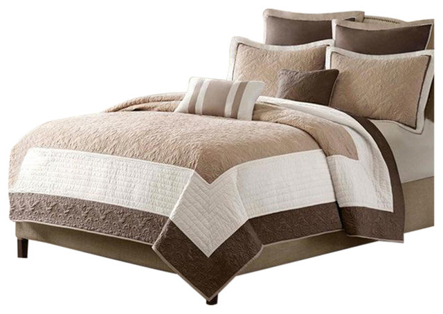 Full Queen Brown Ivory Tan Cream 7 Piece Quilt Coverlet