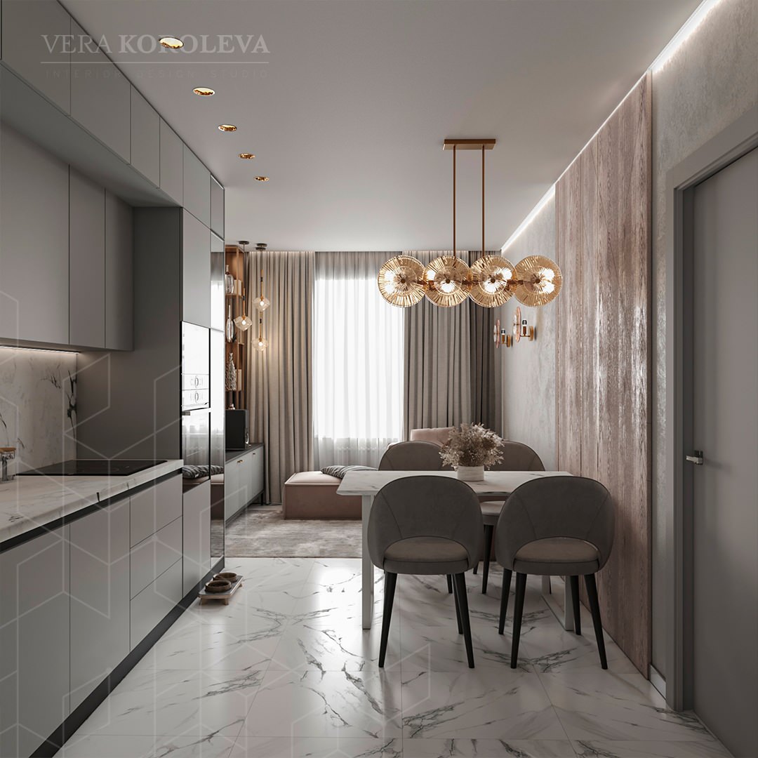 Дизайн-проект двухкомнатной  квартиры с золотыми акцентами в ЖК "Q-Мир"