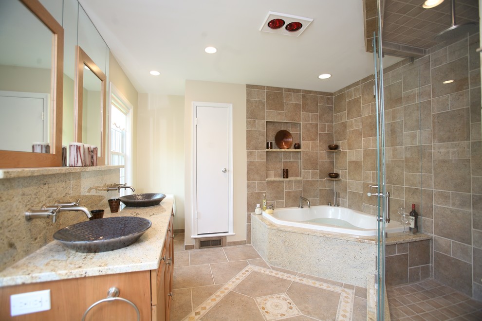 Photo of a large asian master bathroom in DC Metro with light wood cabinets, a corner tub, a corner shower, gray tile, ceramic tile, beige walls, ceramic floors, a vessel sink, engineered quartz benchtops, beige floor, a hinged shower door and white benchtops.