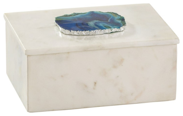 Elk Home Marble and Blue Agate Box, Blue Agate, Silver, White Marble