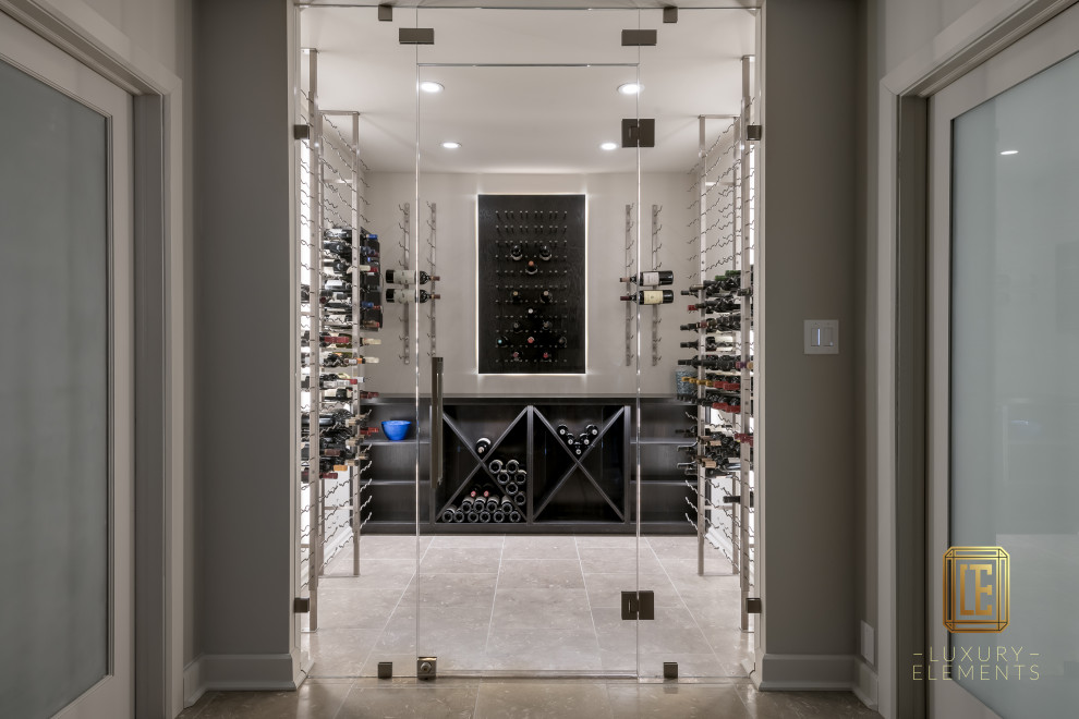 Mid-sized modern wine cellar in Chicago with storage racks.