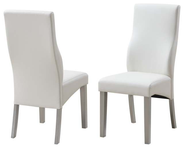 Astra Upholstered Dining Side Chairs, White Vinyl and Champagne Wood, Set of 2