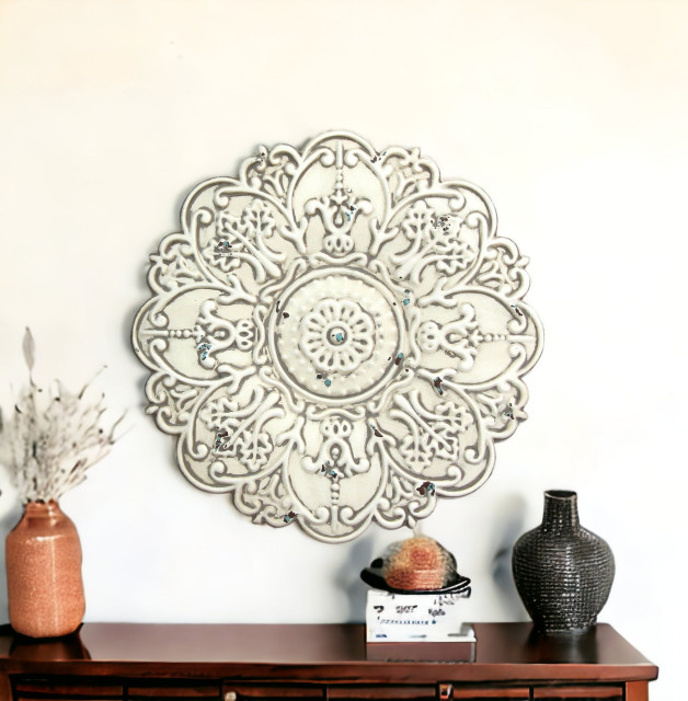 Metal Wall Art With Distressed Finish For Living Room Reference: 13 White Medallion Distressed Metal Wall Decor