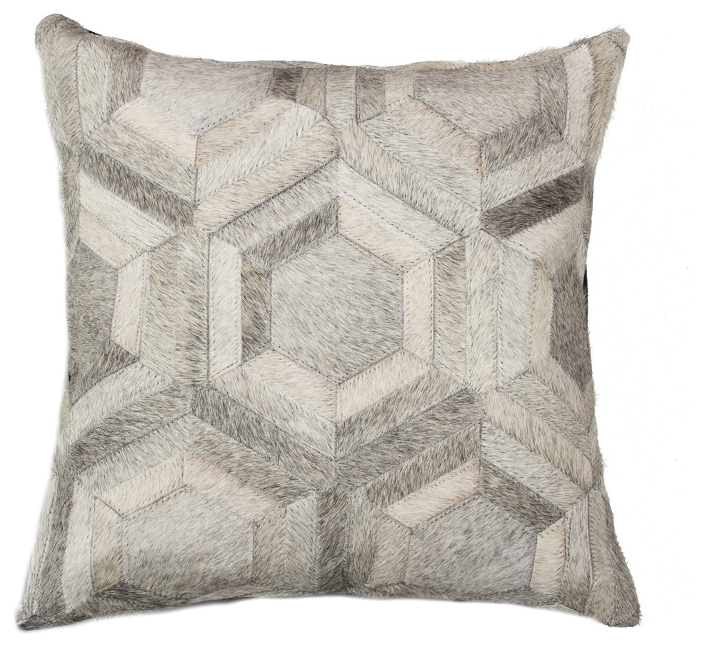 Torino Hexagon Cowhide Pillow, Gray, 18"x18" Contemporary