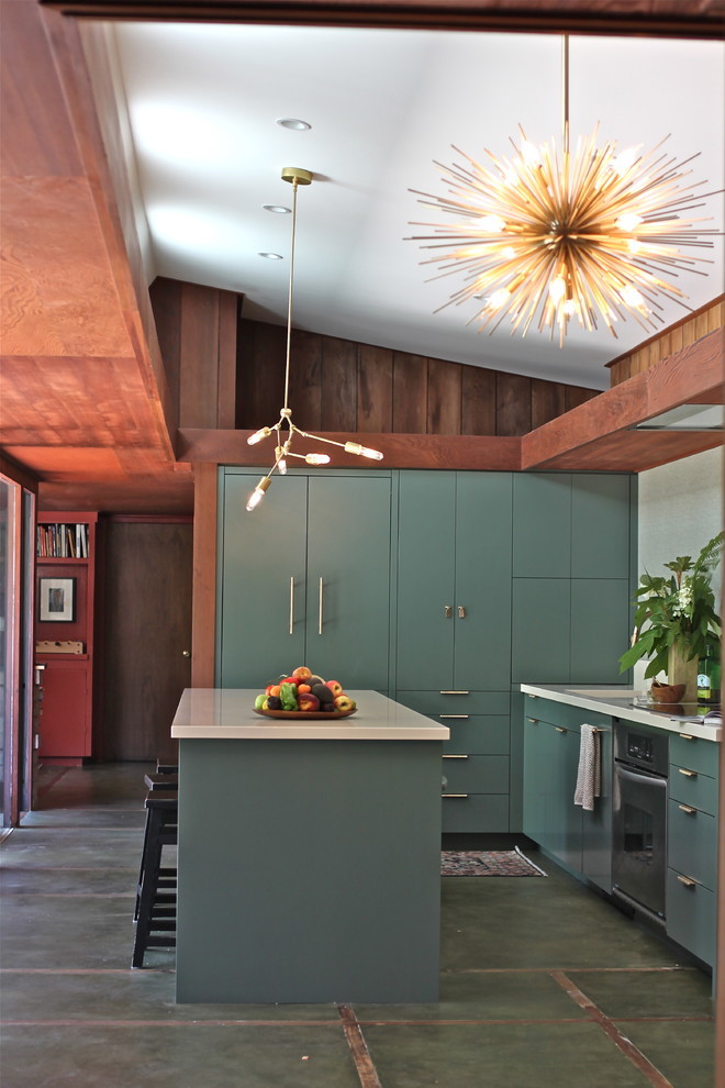 Inspiration for a large midcentury l-shaped eat-in kitchen in Other with quartz benchtops, with island, flat-panel cabinets, turquoise cabinets, beige splashback and green floor.