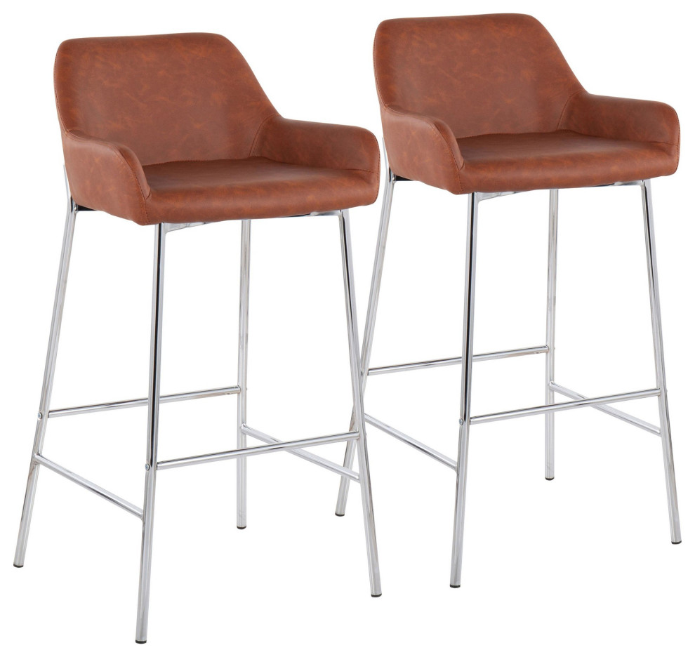 Daniella FixedHeight Bar Stool, Chrome Metal/Camel Faux Leather, Set of 2 Midcentury Bar