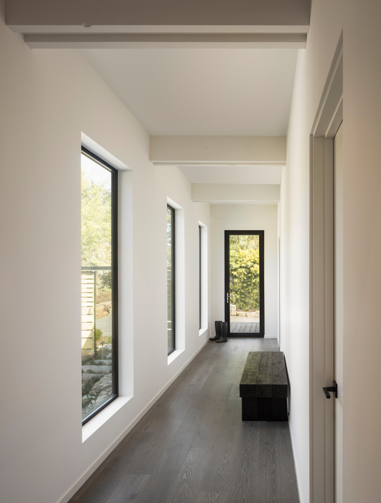 Стильный дизайн: коридор среднего размера в стиле ретро с белыми стенами, темным паркетным полом и коричневым полом - последний тренд