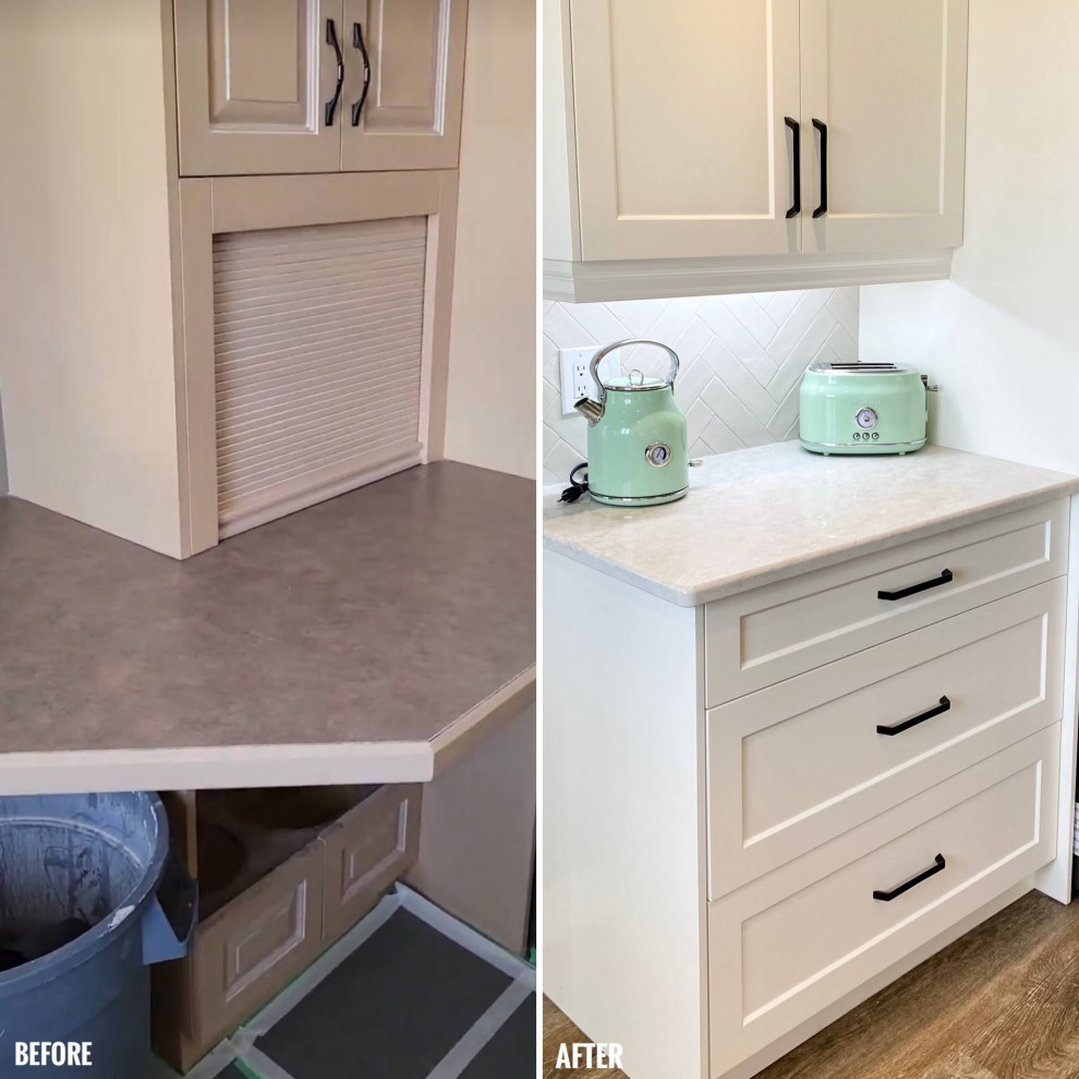 Example of a mid-sized transitional l-shaped enclosed kitchen design with a double-bowl sink, recessed-panel cabinets, white cabinets, gray backsplash, glass tile backsplash and no island