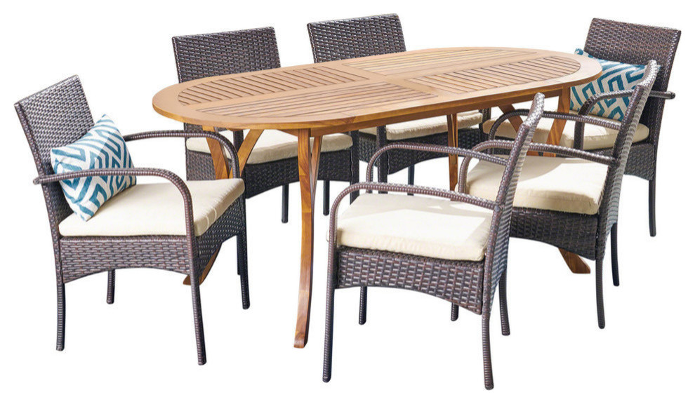 GDF Studio 7Piece Epps Outdoor Teak Acacia Wood and Wicker Dining Set