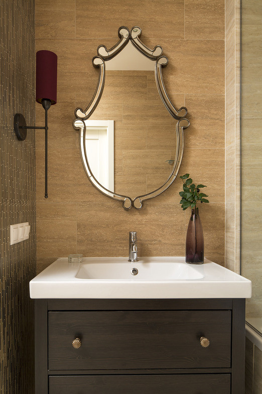 Photo of a small contemporary master bathroom in Moscow with flat-panel cabinets, dark wood cabinets, beige tile, an integrated sink, porcelain tile, beige walls, porcelain floors and beige floor.