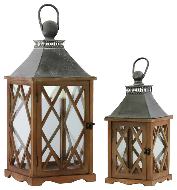 Urban Trends Wood Square Lanterns With Diamond Side Design 2 Piece Set Brown Traditional Candleholders By Virventures
