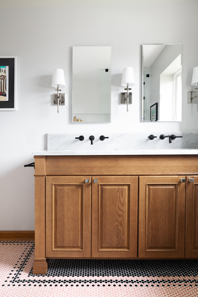 Design ideas for a transitional master bathroom in Seattle with raised-panel cabinets, medium wood cabinets, an alcove shower, mosaic tile floors, an undermount sink, marble benchtops, multi-coloured floor, grey benchtops, a double vanity and a built-in vanity.