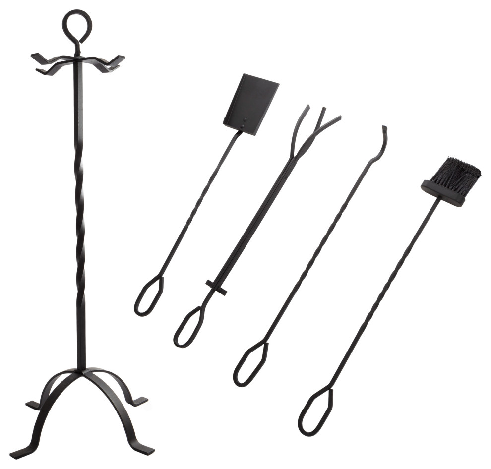 5Piece Fireplace Tool Set Black Wrought Iron Scroll Design Firewood