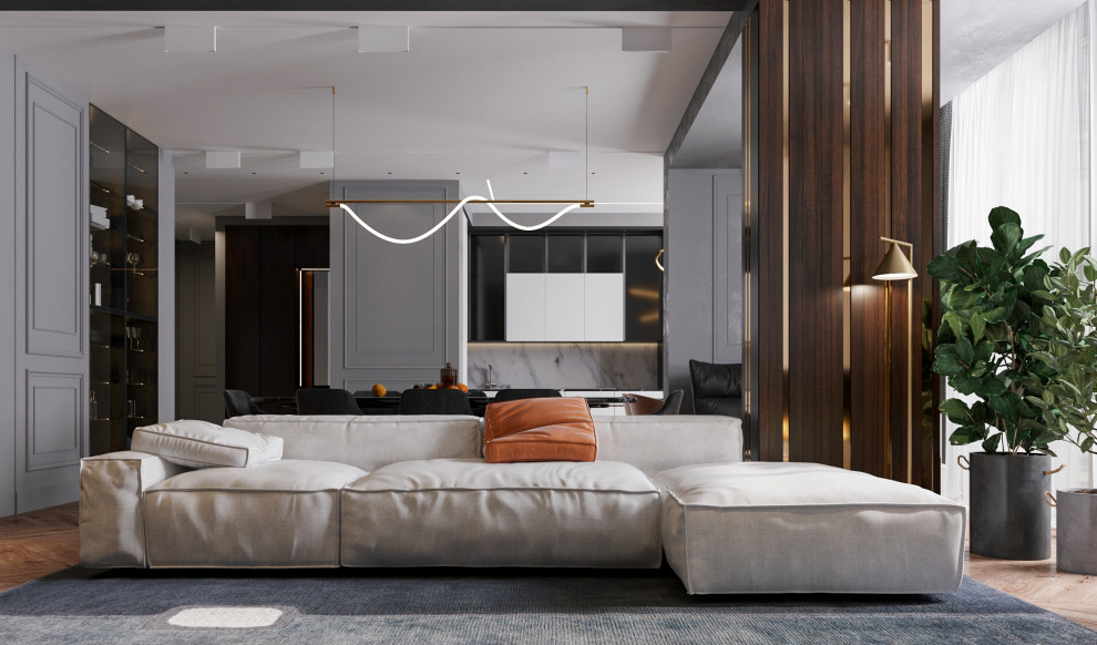 Стильная функциональная кухня-гостиная для успешного мужчины