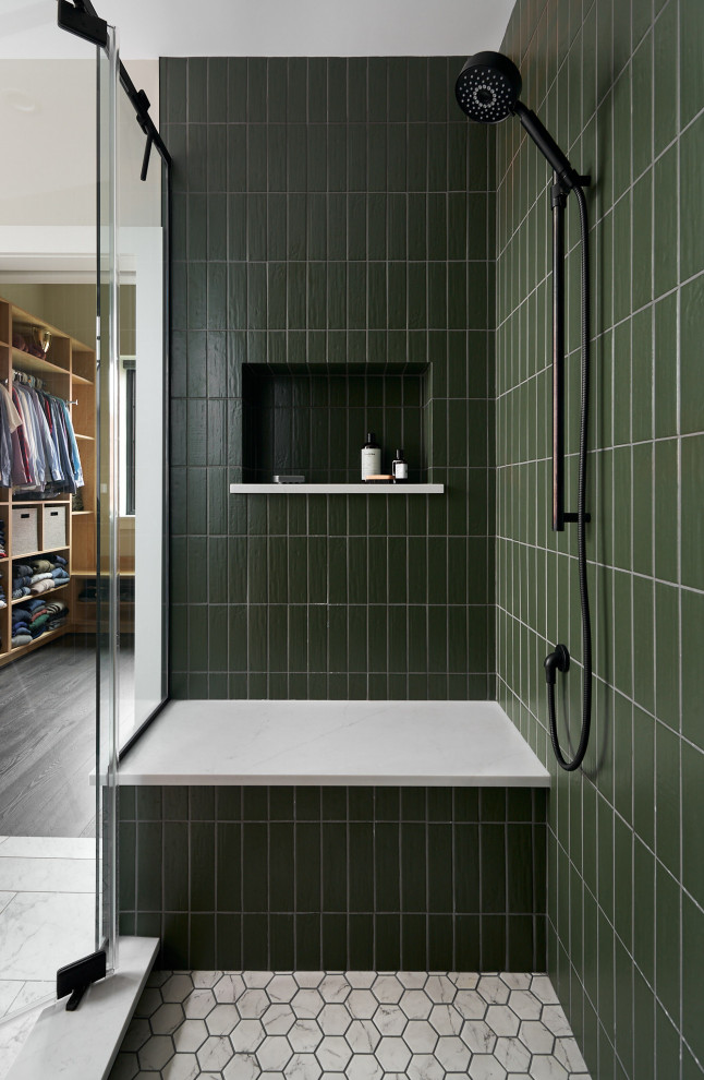 Example of an urban master green tile and ceramic tile porcelain tile, white floor and single-sink bathroom design in Other with flat-panel cabinets, light wood cabinets, a bidet, gray walls, an undermount sink, quartz countertops, a hinged shower door, white countertops and a built-in vanity