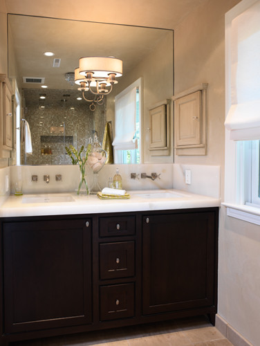 This is an example of a mid-sized traditional master bathroom in San Francisco with beige tile, brown tile, mosaic tile, brown walls, an alcove shower, a two-piece toilet, porcelain floors and an undermount sink.