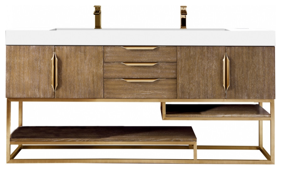 73 Inch Modern Oak Double Sink Bathroom Vanity Gold Metal Base, James ...