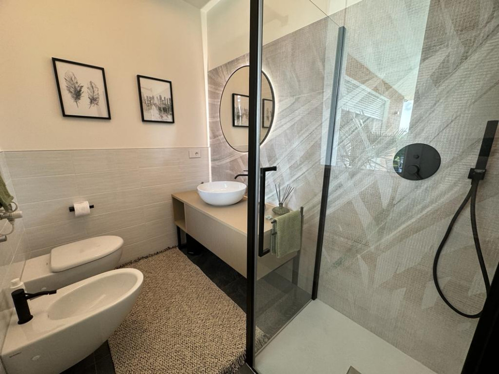 Contemporary bathroom in Milan with beige cabinets, a built-in shower, white tiles, porcelain tiles, a vessel sink, wooden worktops, a hinged door, beige worktops, a single sink and a freestanding vanity unit.